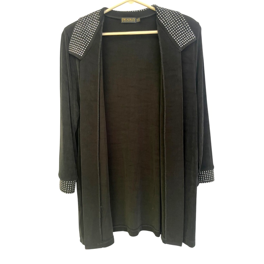 Picadilly Womens Black Rhinestones Collar Open Front Cardigan Sweater Size Large